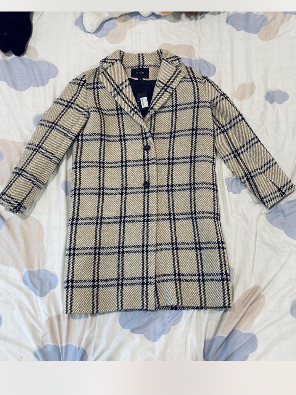 Maje Beige Checked Trench Coat with Navy Windowpane